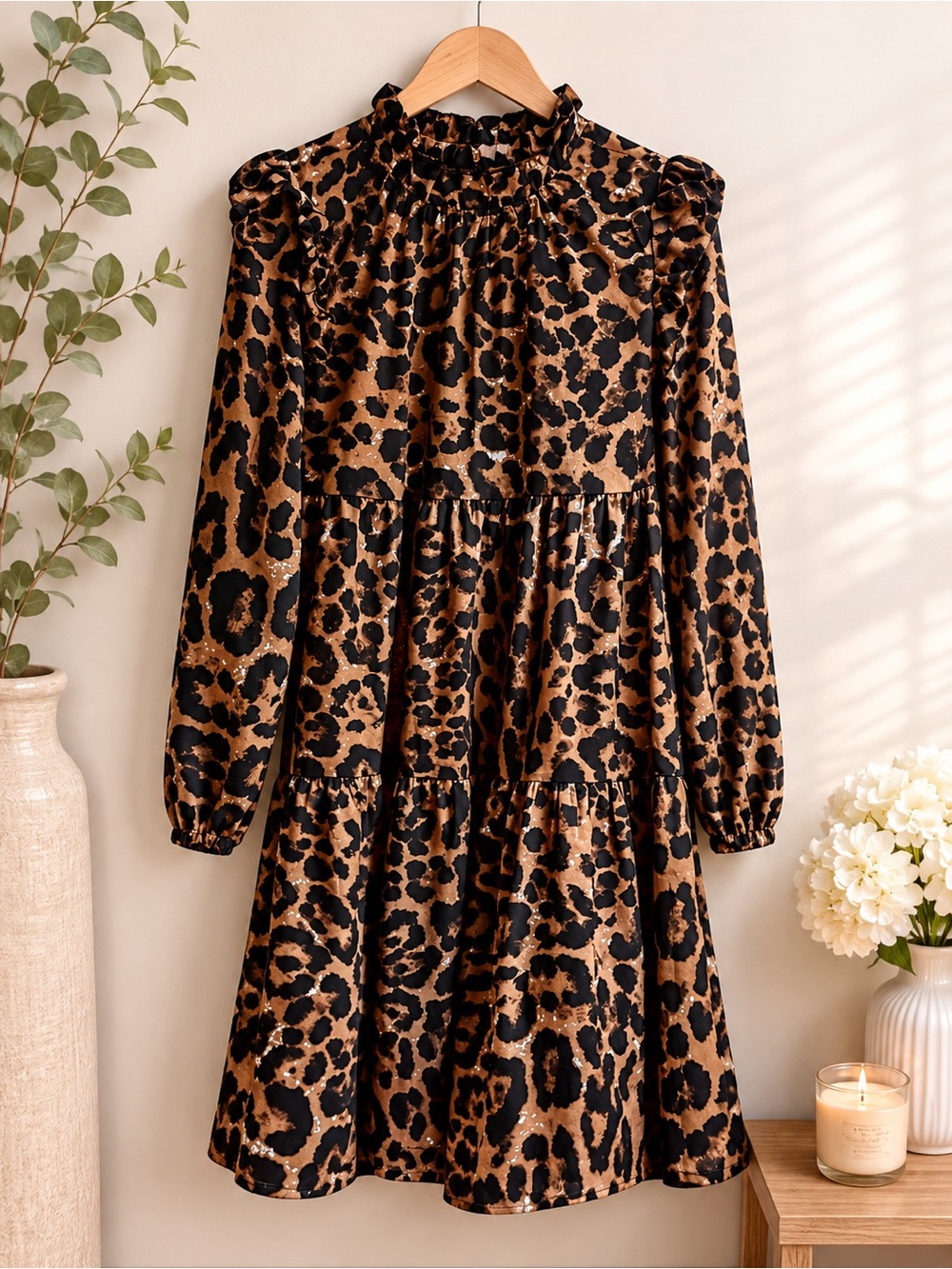 2 for $30 SHEIN Black and Brown Leopard Print Tiered Long-Sleeve Dress